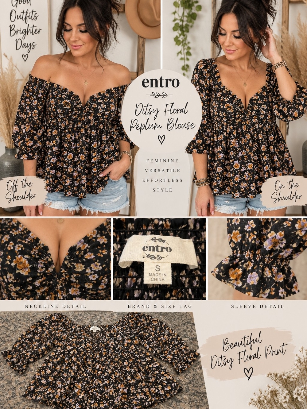 entro Black Ditsy Floral Peplum Blouse with Mustard & Lilac Flowers